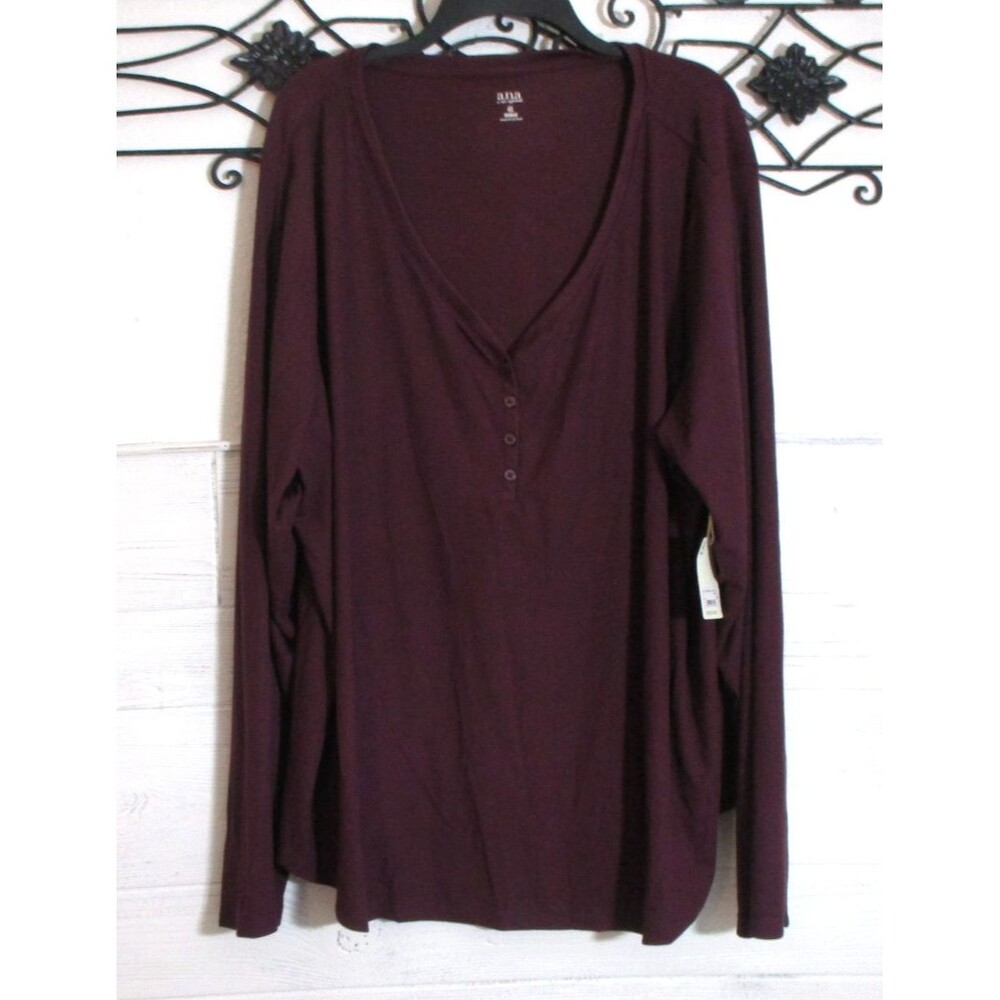 a.n.a Women's Knit Top Size 4X Long Sleeve Burgundy V Neck